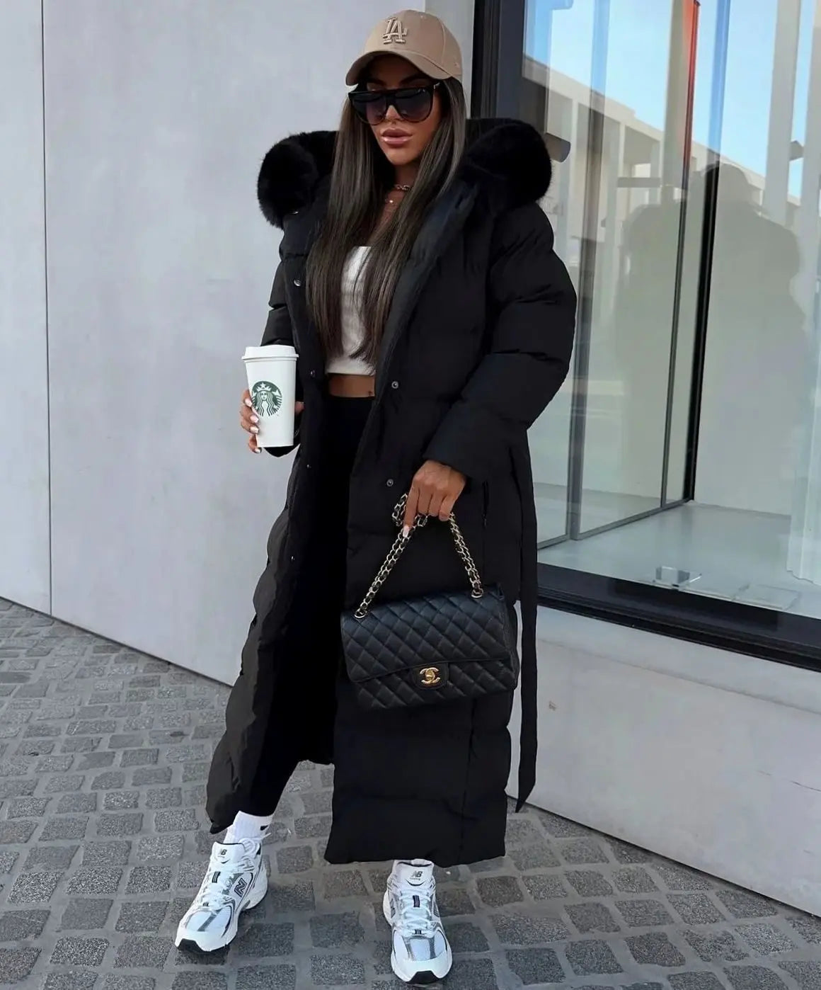 Maxi Puffer Coat with Faux Fur Hood – Belted Long Quilted Winter Coat