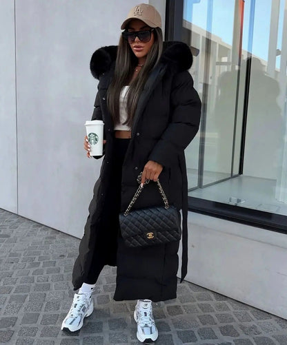 Maxi Puffer Coat with Faux Fur Hood – Belted Long Quilted Winter Coat