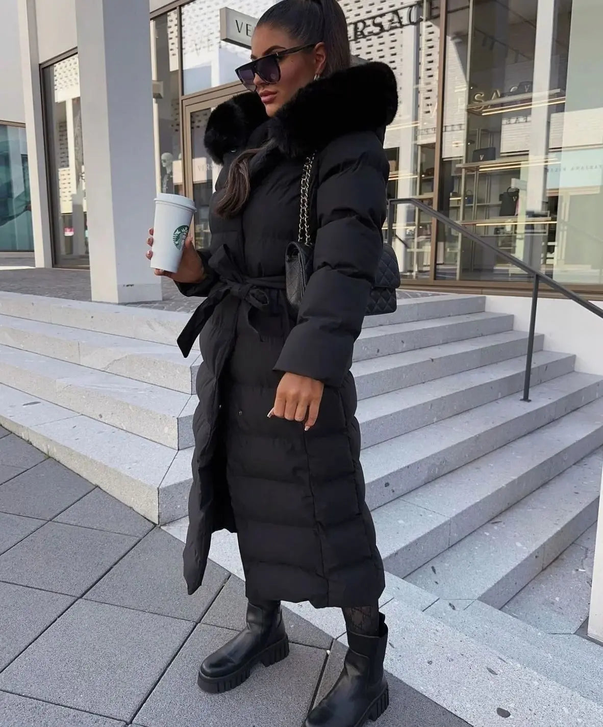 Maxi Puffer Coat with Faux Fur Hood – Belted Long Quilted Winter Coat