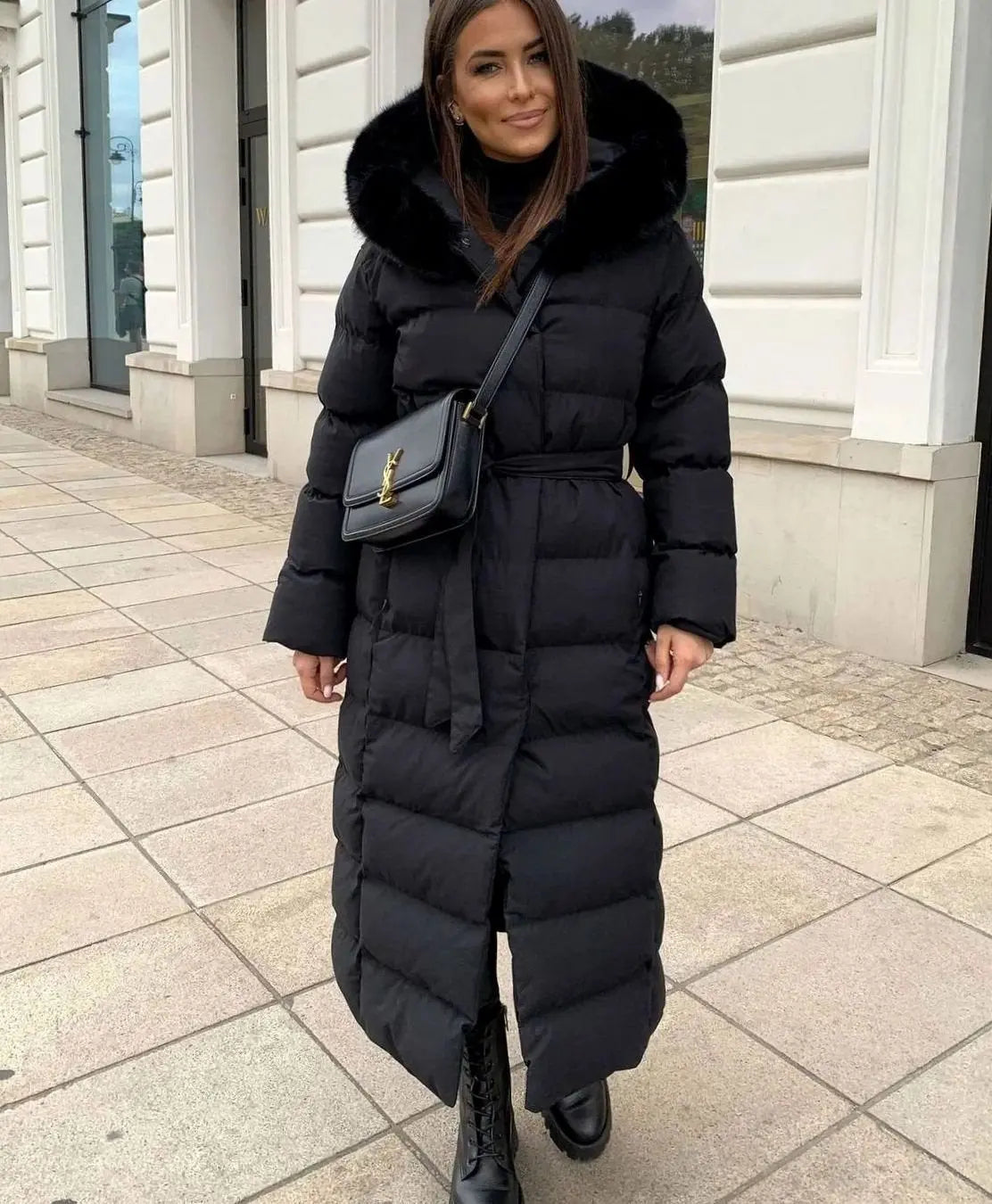 Maxi Puffer Coat with Faux Fur Hood – Belted Long Quilted Winter Coat