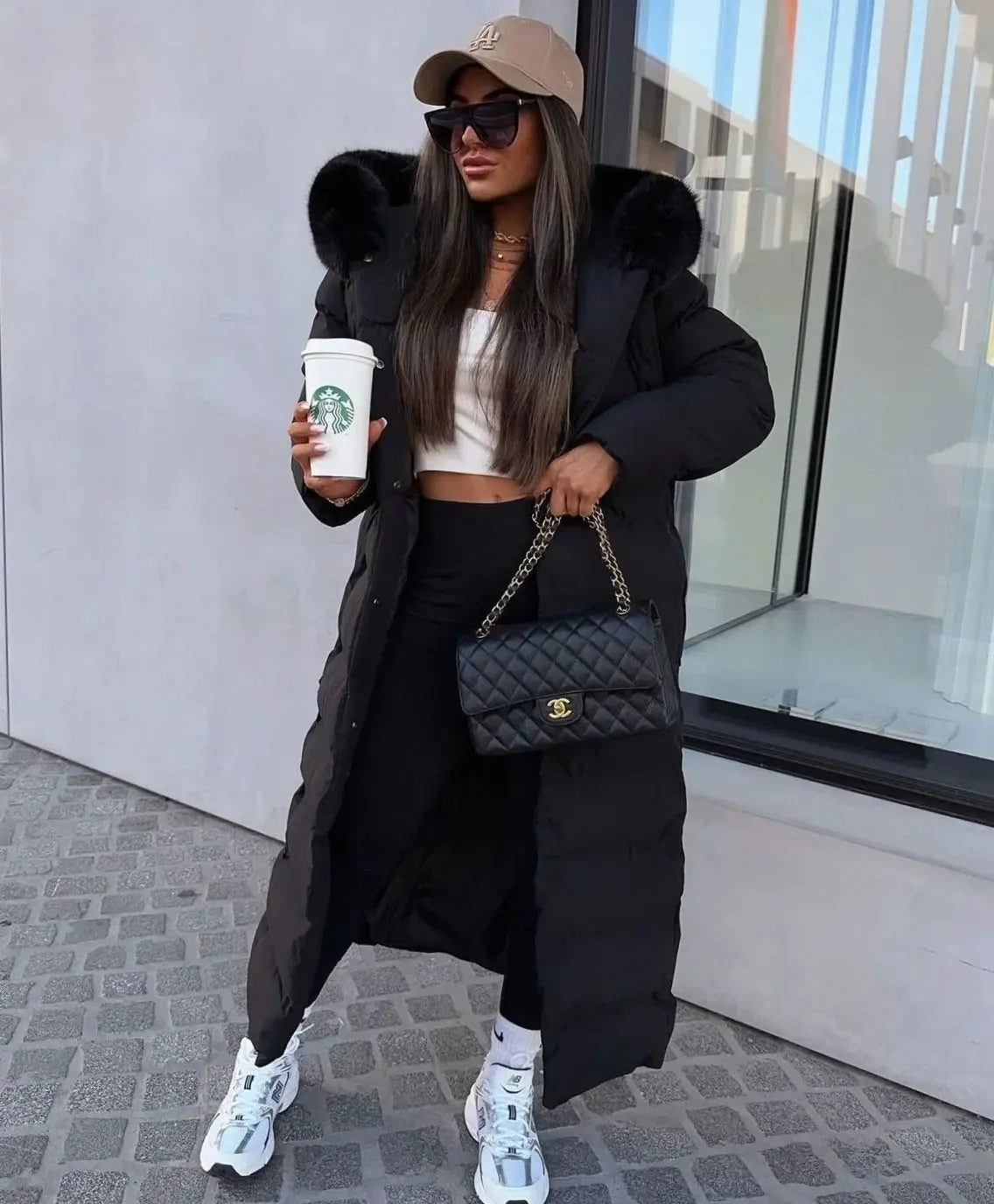 Maxi Puffer Coat with Faux Fur Hood – Belted Long Quilted Winter Coat
