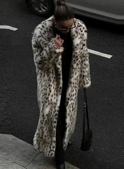 Leopard Print Faux Fur Maxi Coat – Longline Snow Leopard Coat