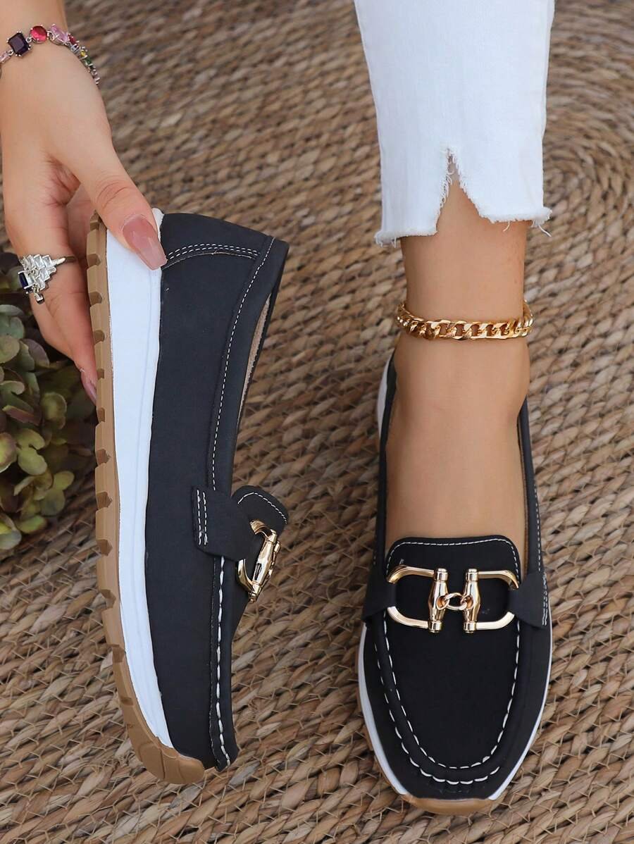 Platform Slip-On Loafers – Gold Chain Detail Cushioned Everyday Shoe