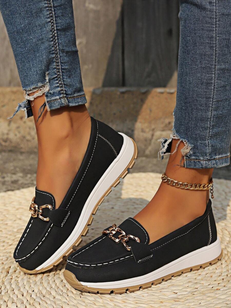 Platform Slip-On Loafers – Gold Chain Detail Cushioned Everyday Shoe