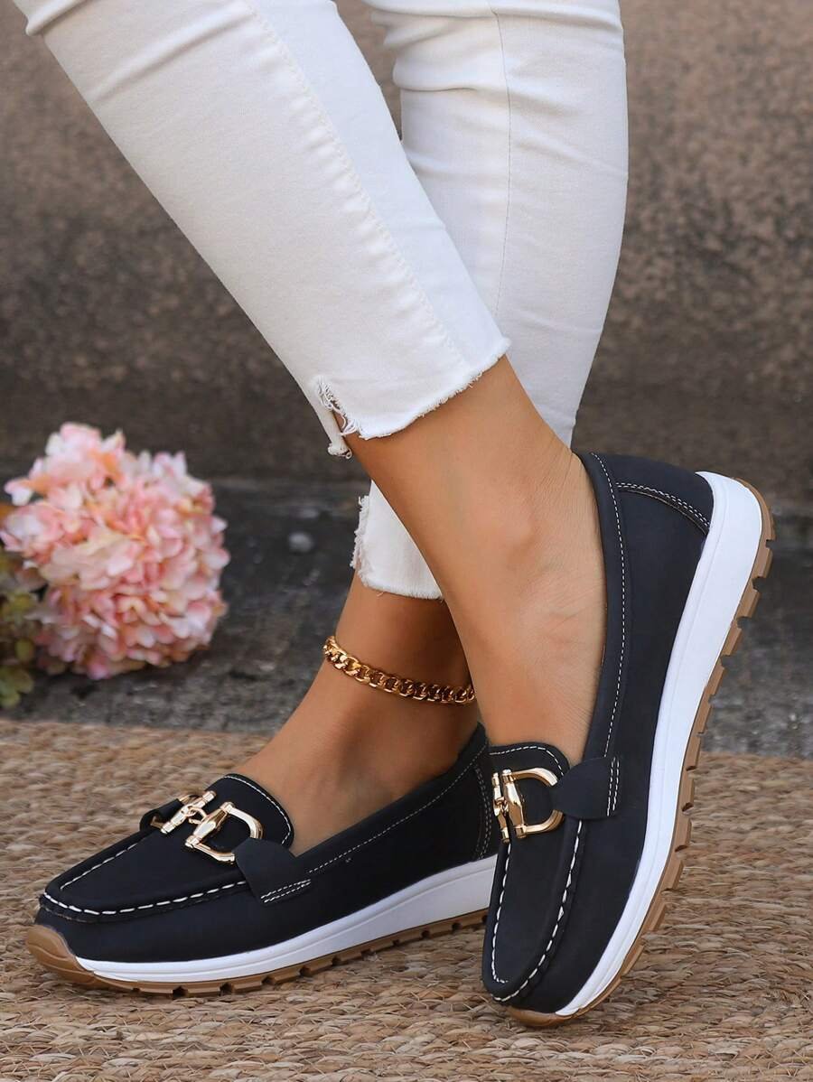 Platform Slip-On Loafers – Gold Chain Detail Cushioned Everyday Shoe