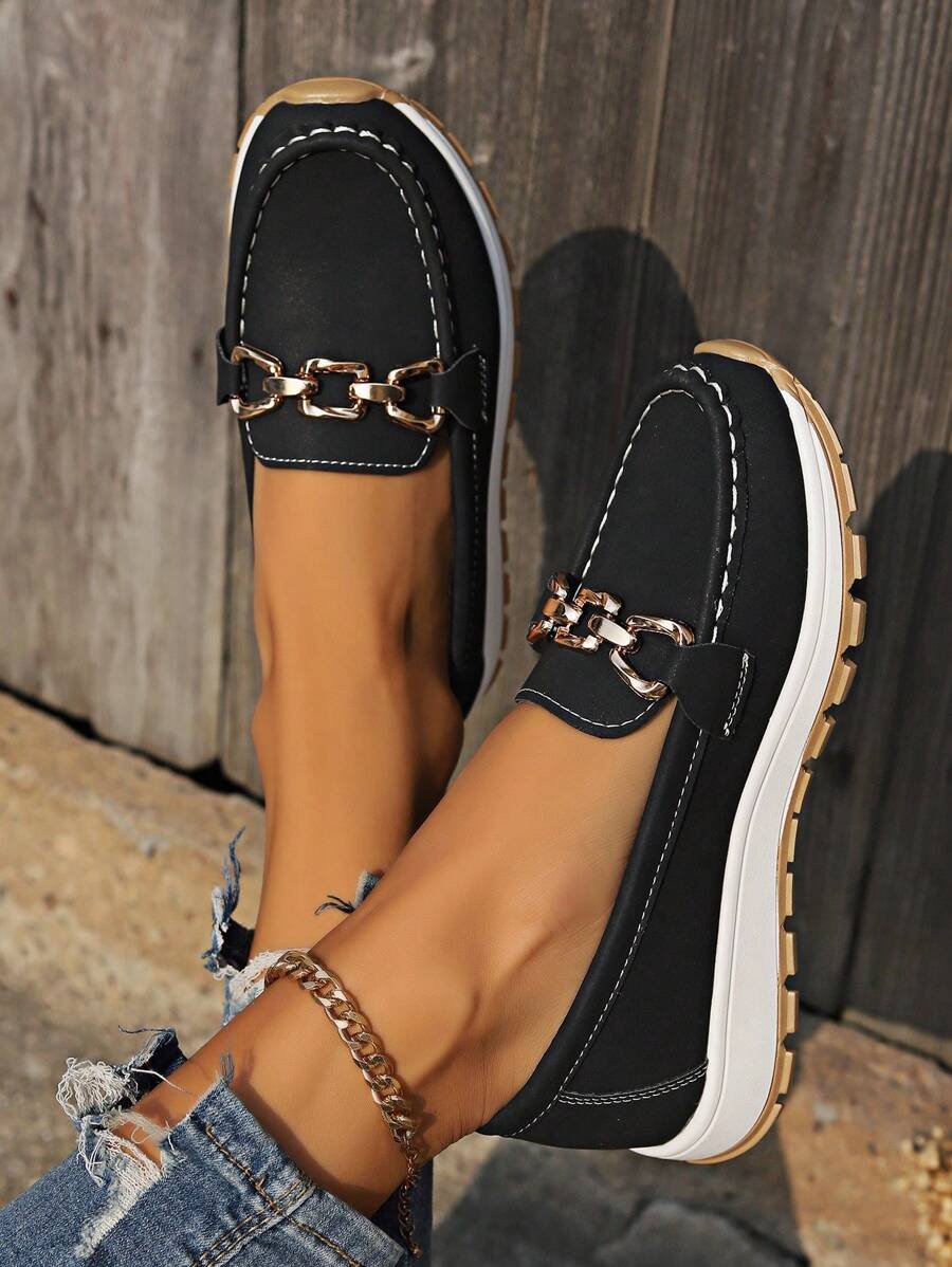 Platform Slip-On Loafers – Gold Chain Detail Cushioned Everyday Shoe