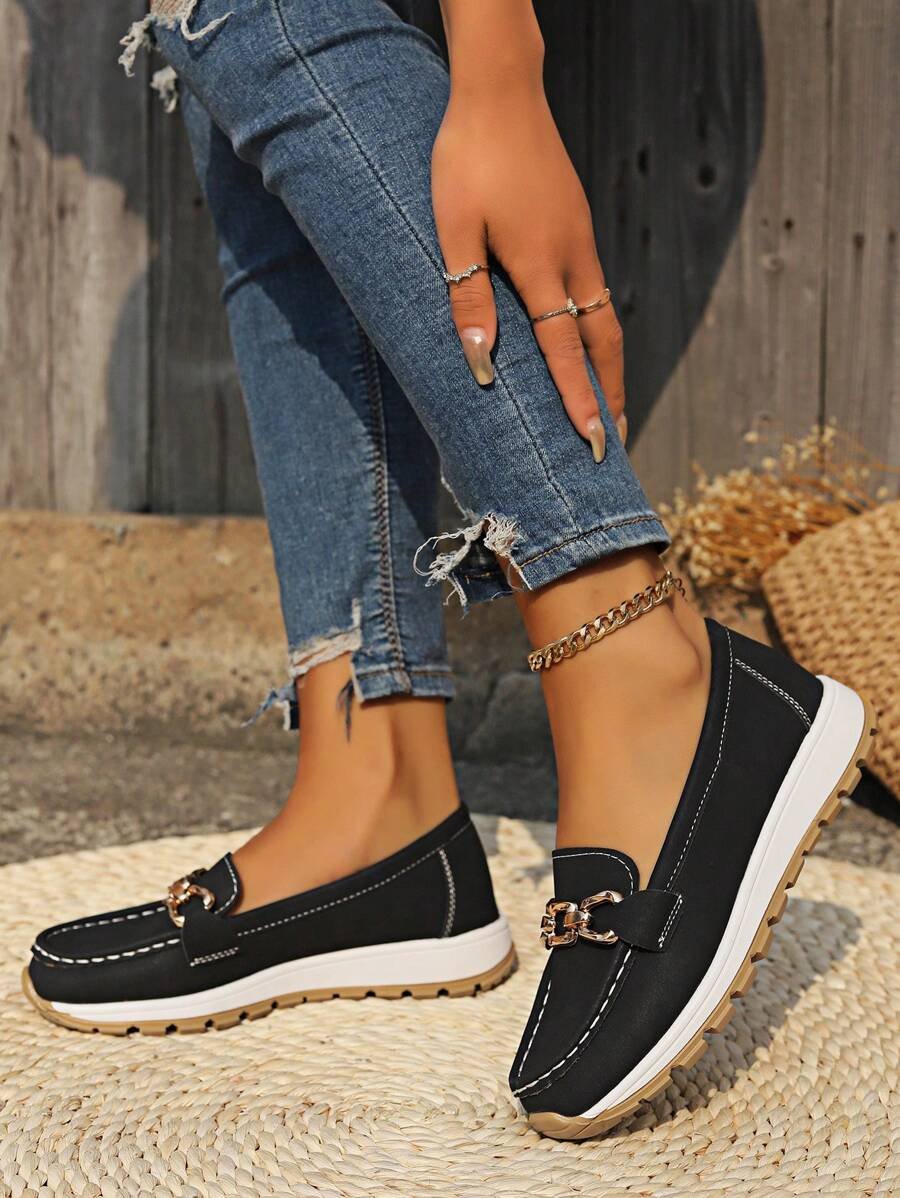 Platform Slip-On Loafers – Gold Chain Detail Cushioned Everyday Shoe