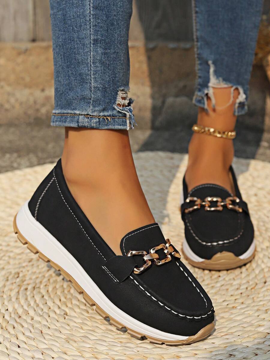 Platform Slip-On Loafers – Gold Chain Detail Cushioned Everyday Shoe
