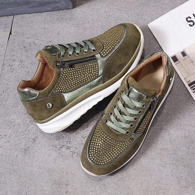 Rhinestone Platform Sneakers – Wide Toe Box Zip Lace-Up