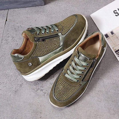 Rhinestone Platform Sneakers – Wide Toe Box Zip Lace-Up