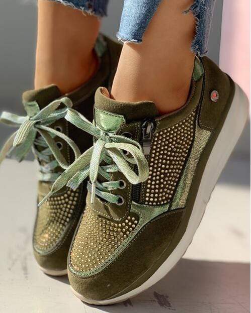 Rhinestone Platform Sneakers – Wide Toe Box Zip Lace-Up