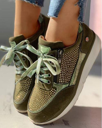 Rhinestone Platform Sneakers – Wide Toe Box Zip Lace-Up