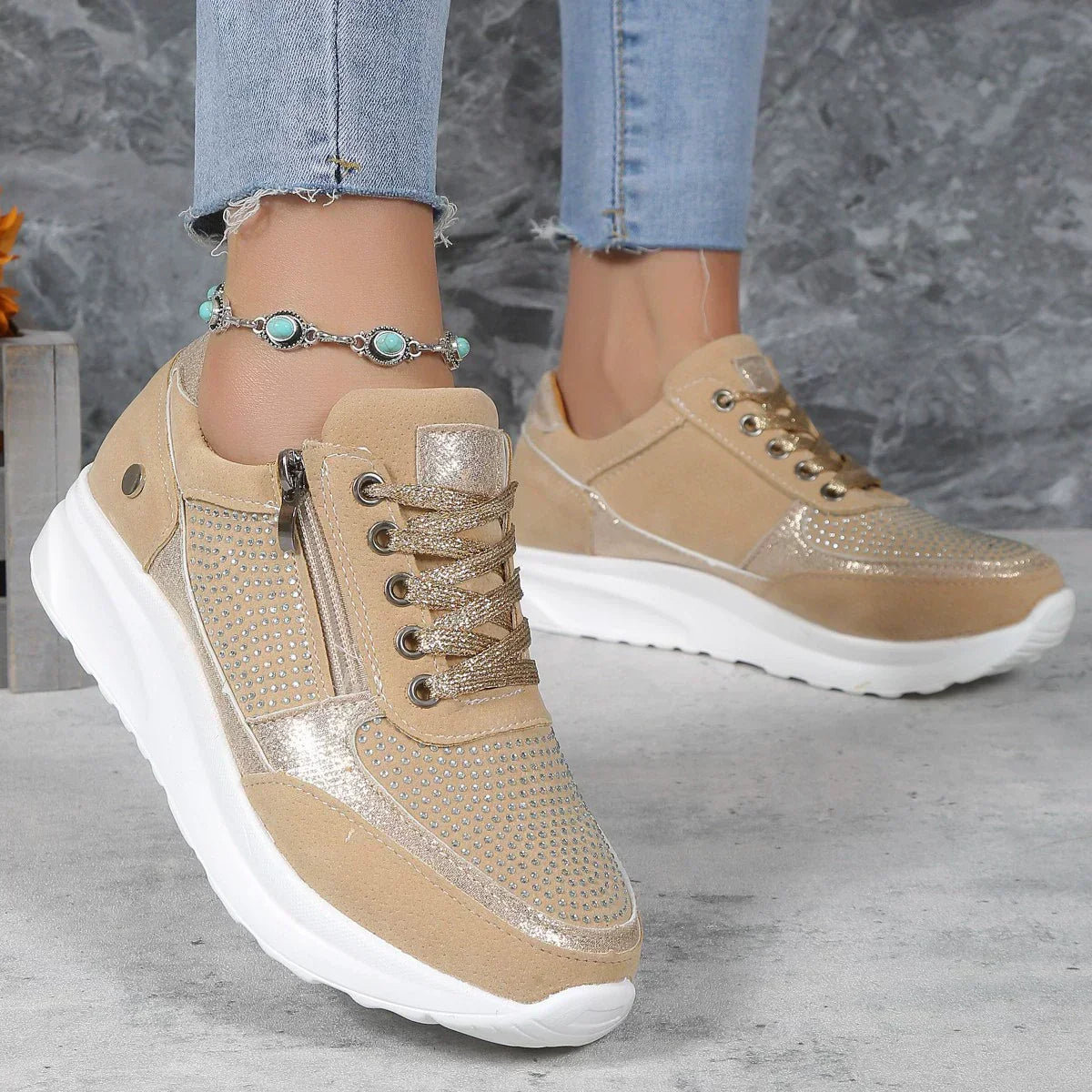 Rhinestone Platform Sneakers – Wide Toe Box Zip Lace-Up