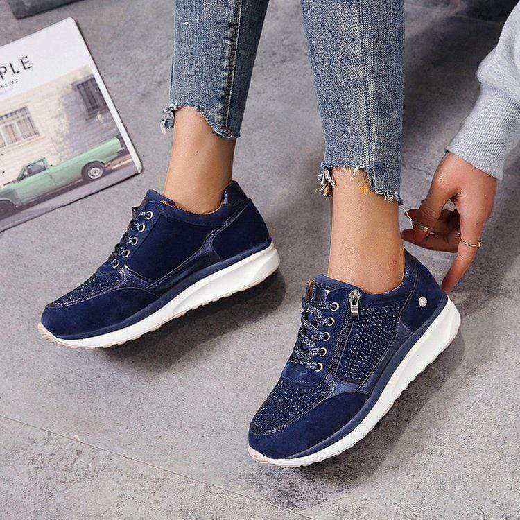 Rhinestone Platform Sneakers – Wide Toe Box Zip Lace-Up