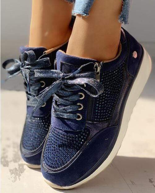 Rhinestone Platform Sneakers – Wide Toe Box Zip Lace-Up
