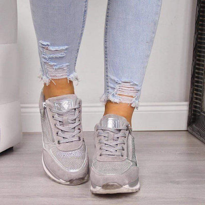 Rhinestone Platform Sneakers – Wide Toe Box Zip Lace-Up