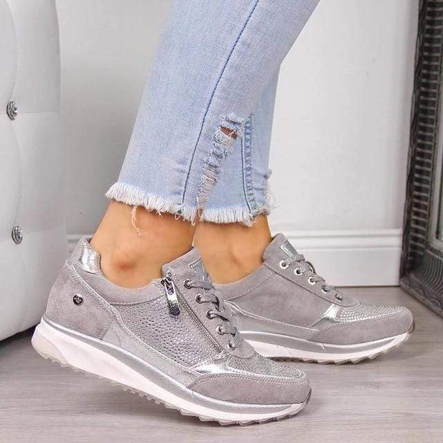 Rhinestone Platform Sneakers – Wide Toe Box Zip Lace-Up