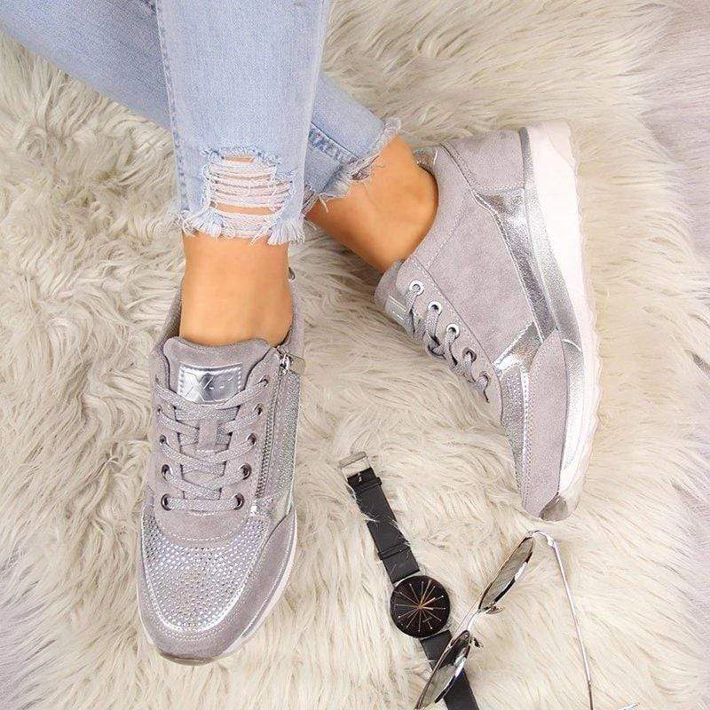 Rhinestone Platform Sneakers – Wide Toe Box Zip Lace-Up