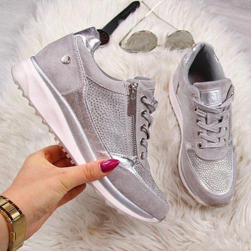 Rhinestone Platform Sneakers – Wide Toe Box Zip Lace-Up