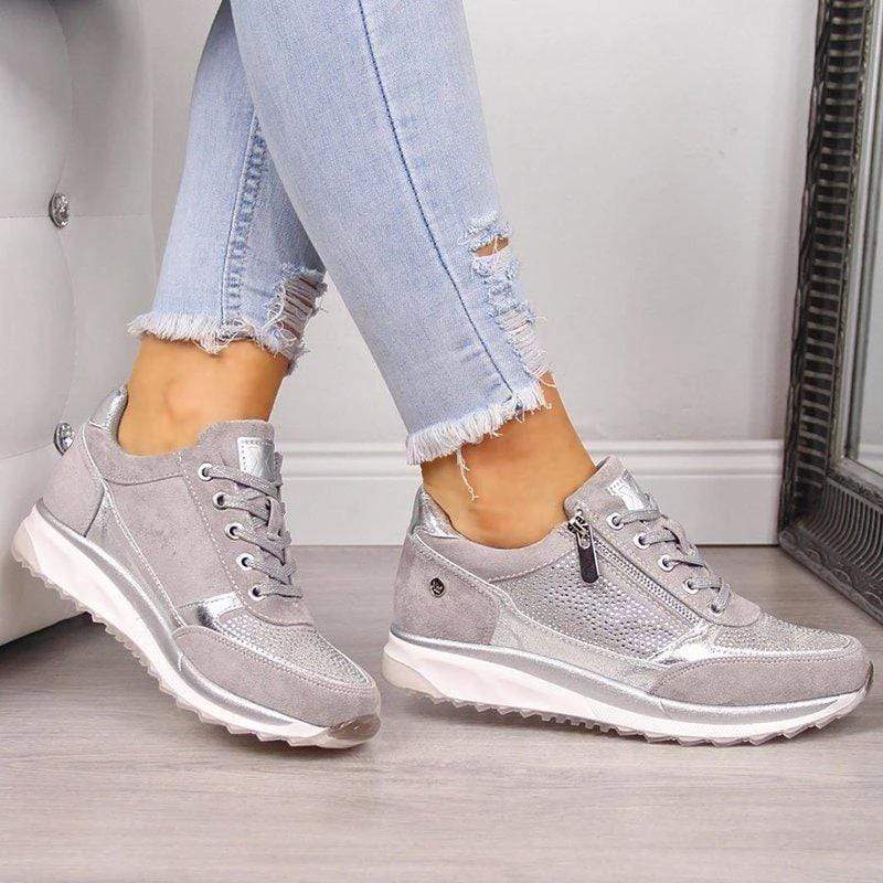 Rhinestone Platform Sneakers – Wide Toe Box Zip Lace-Up