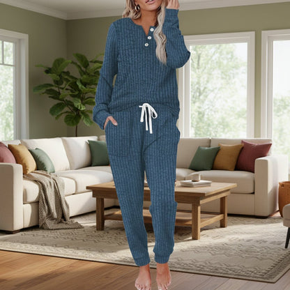 Ribbed Knit Two-Piece Lounge Set – Button Henley Top Jogger Pants