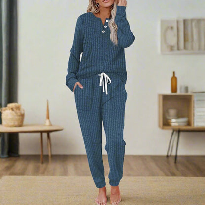 Ribbed Knit Two-Piece Lounge Set – Button Henley Top Jogger Pants