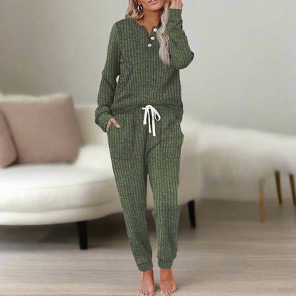 Ribbed Knit Two-Piece Lounge Set – Button Henley Top Jogger Pants