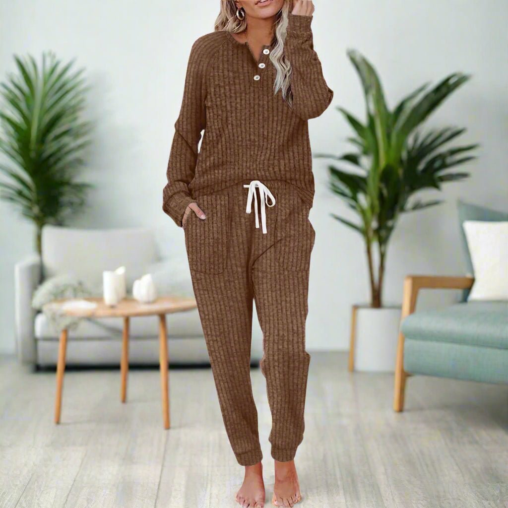 Ribbed Knit Two-Piece Lounge Set – Button Henley Top Jogger Pants