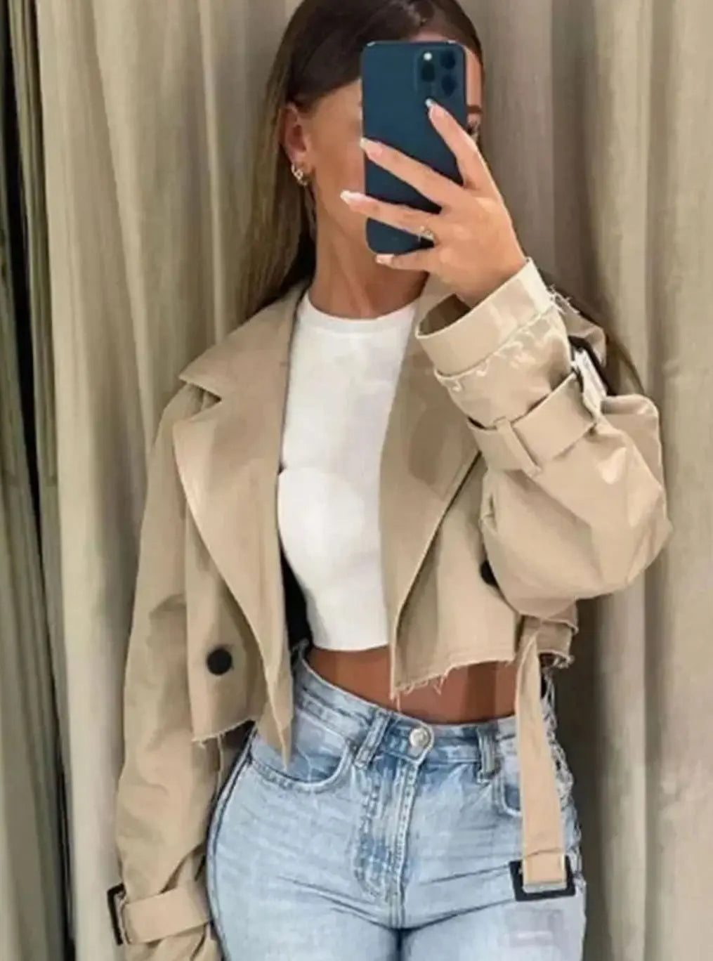 Cropped Trench Coat Women – Beige Double-Breasted Belted Jacket