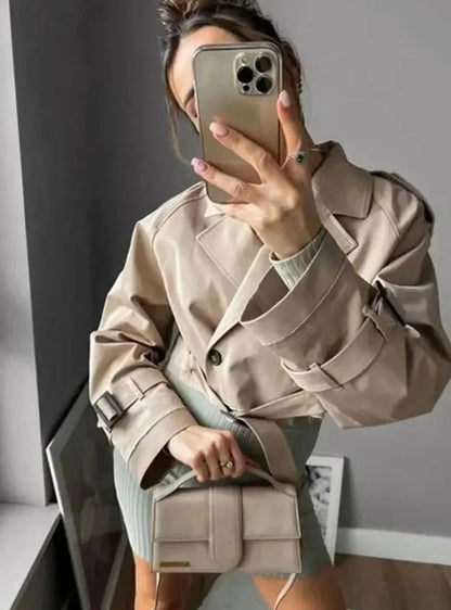 Cropped Trench Coat Women – Beige Double-Breasted Belted Jacket