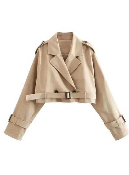 Cropped Trench Coat Women – Beige Double-Breasted Belted Jacket