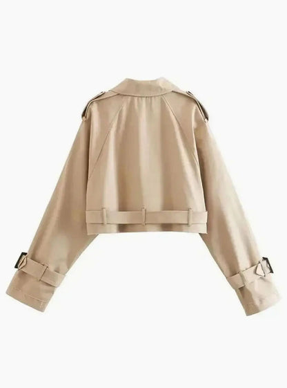 Cropped Trench Coat Women – Beige Double-Breasted Belted Jacket