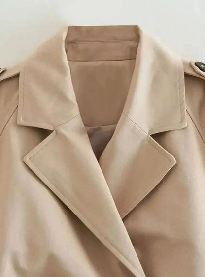 Cropped Trench Coat Women – Beige Double-Breasted Belted Jacket
