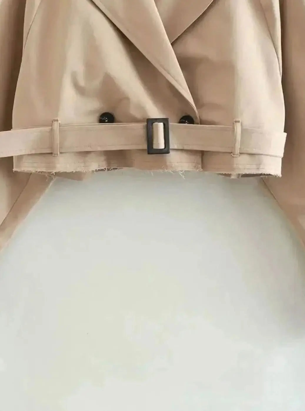 Cropped Trench Coat Women – Beige Double-Breasted Belted Jacket
