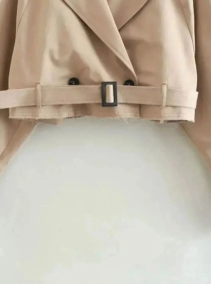 Cropped Trench Coat Women – Beige Double-Breasted Belted Jacket
