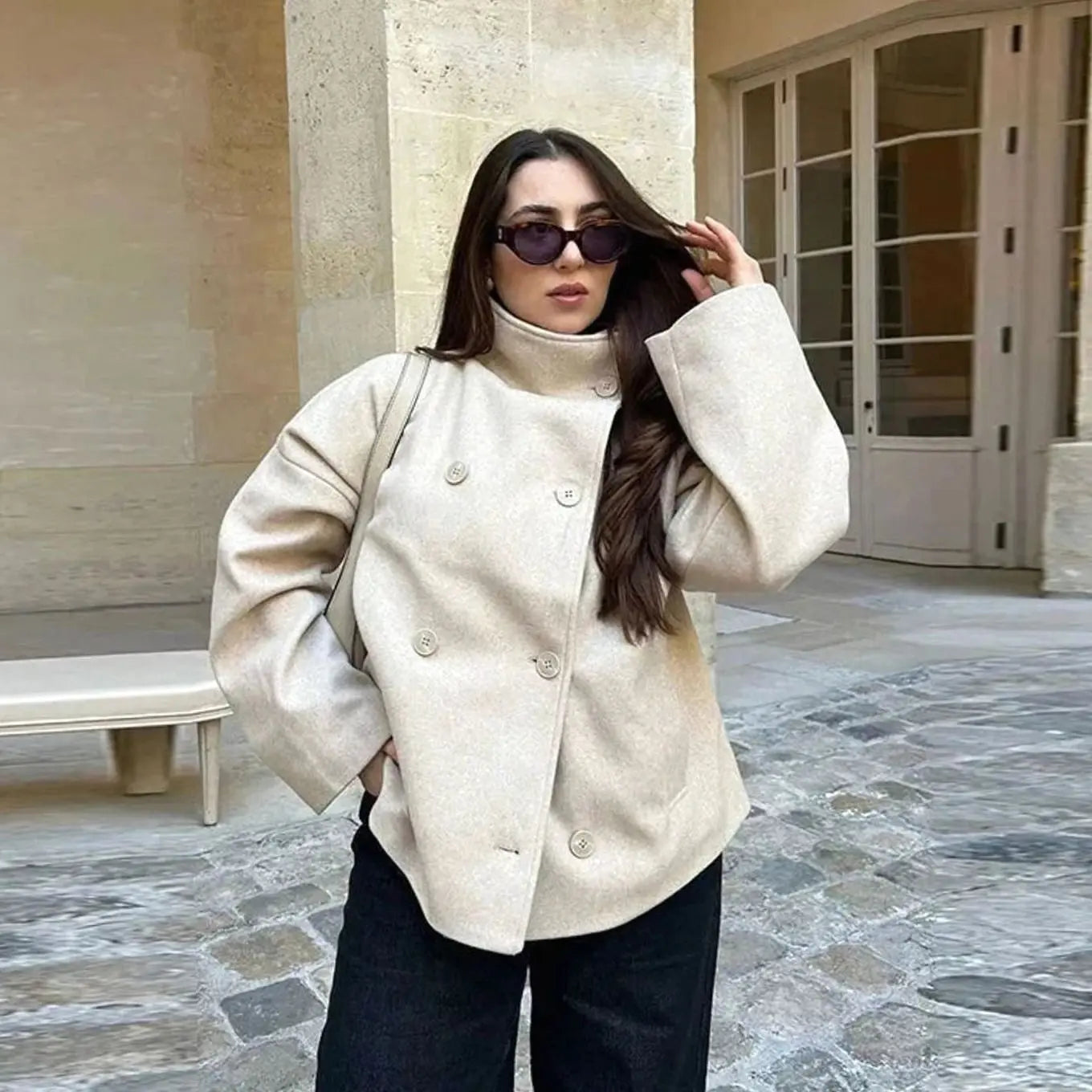 Women's Short Stand Collar Coat – Cropped Button-Up Outerwear