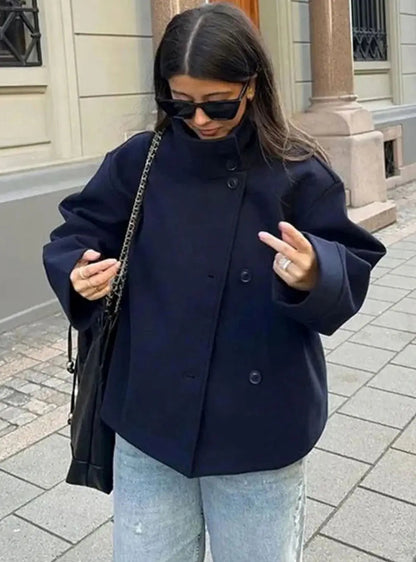 Women's Short Stand Collar Coat – Cropped Button-Up Outerwear