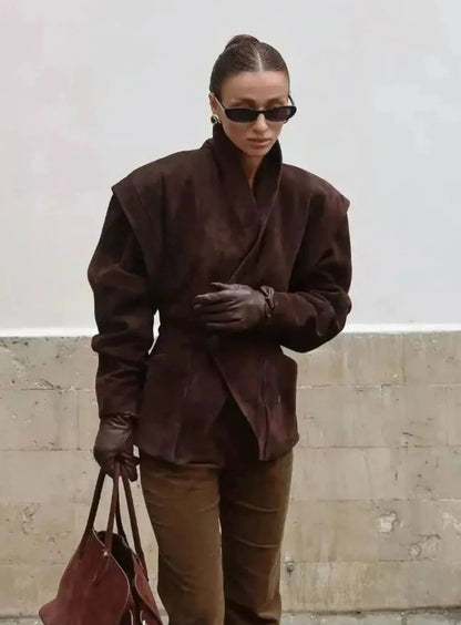 Faux Suede Wrap Blazer – Structured Shoulder Wide-Lapel Jacket
