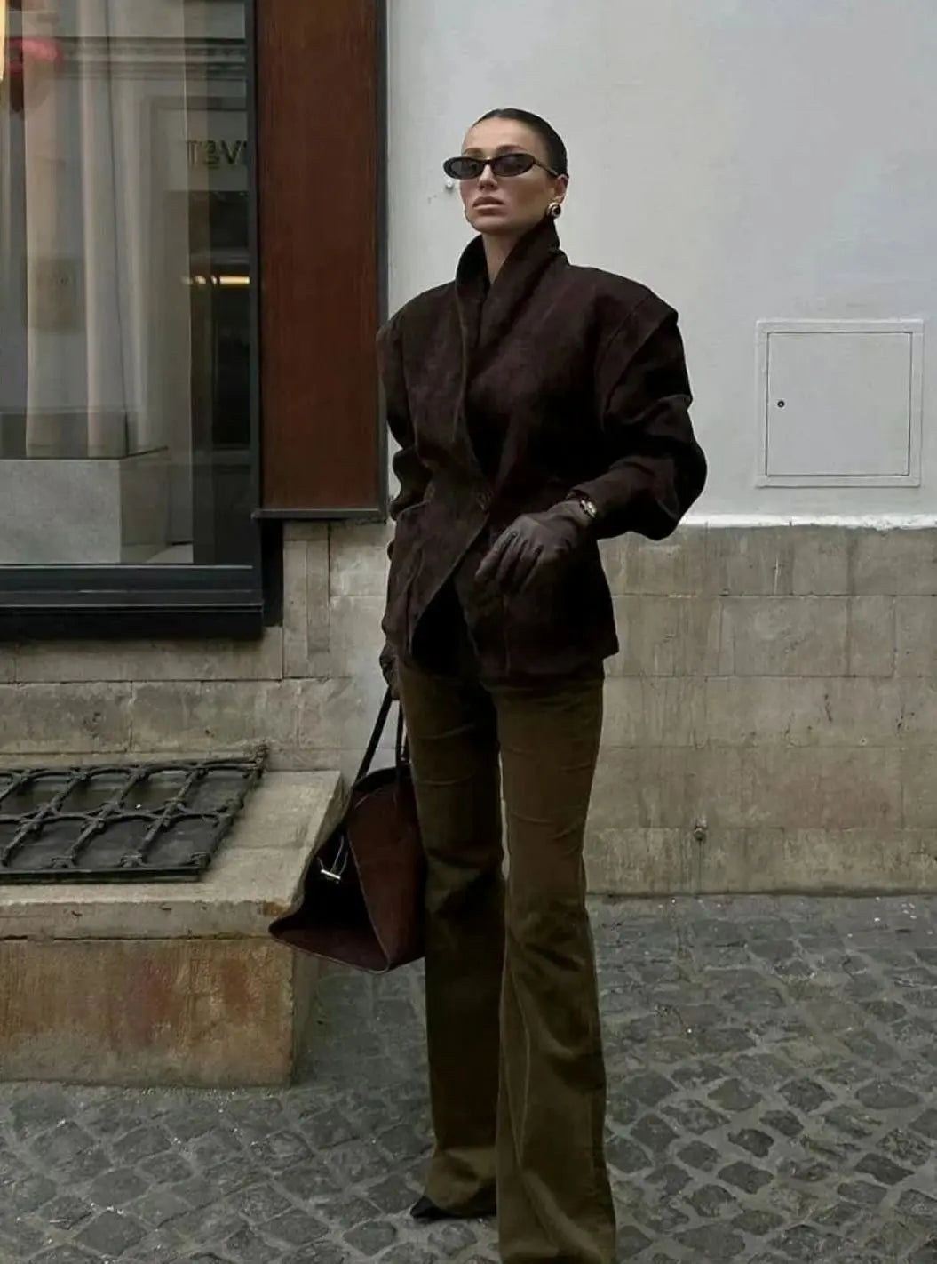 Faux Suede Wrap Blazer – Structured Shoulder Wide-Lapel Jacket