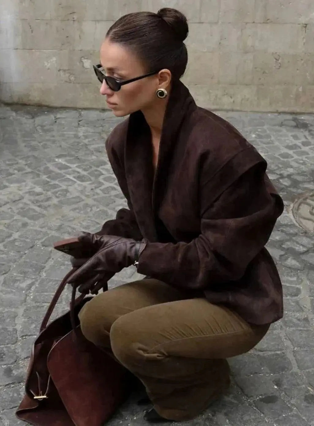 Faux Suede Wrap Blazer – Structured Shoulder Wide-Lapel Jacket