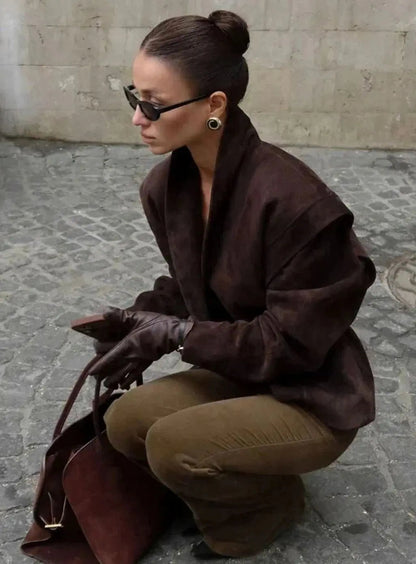 Faux Suede Wrap Blazer – Structured Shoulder Wide-Lapel Jacket