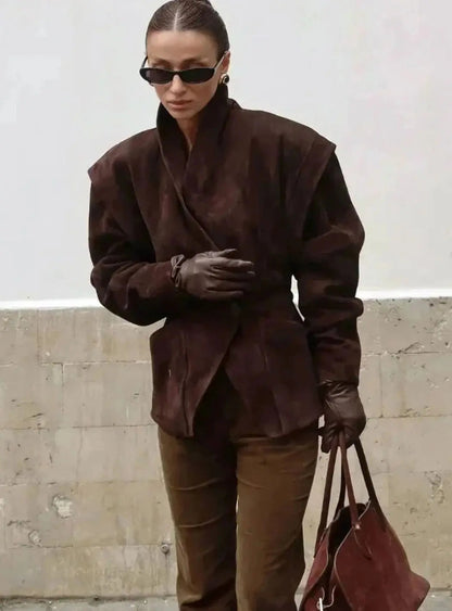 Faux Suede Wrap Blazer – Structured Shoulder Wide-Lapel Jacket