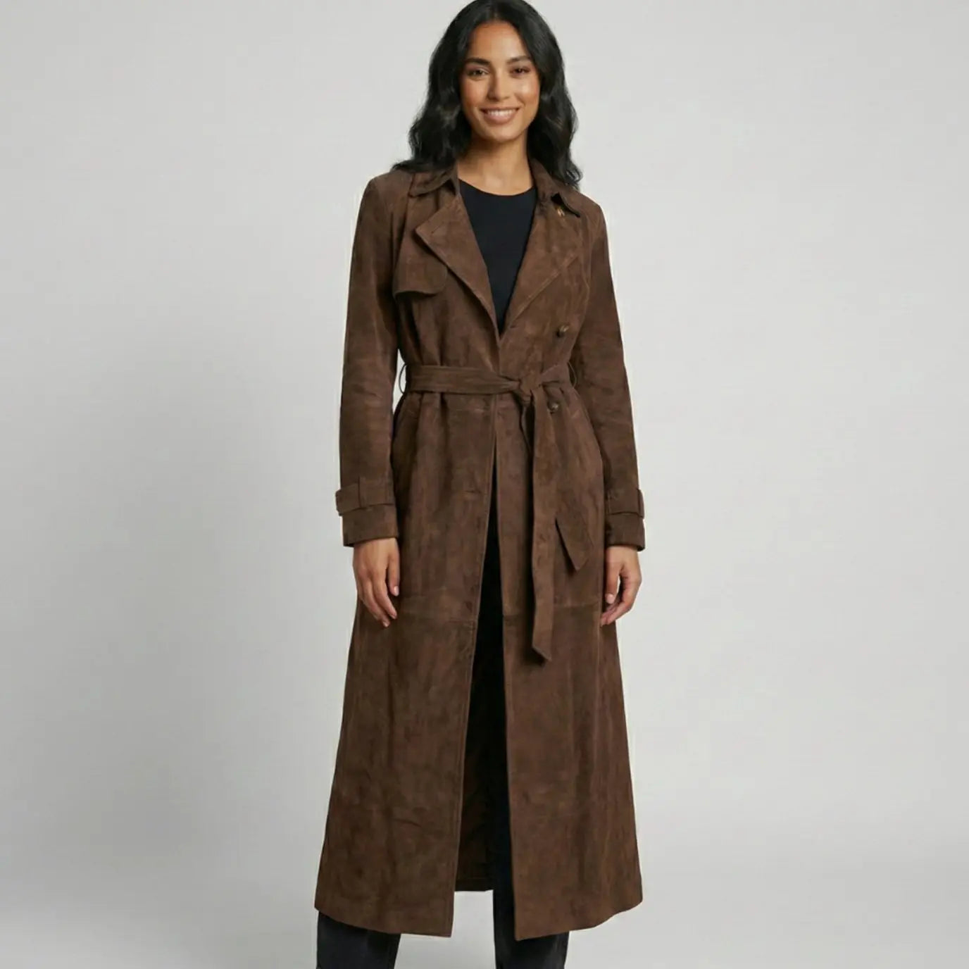 Brown Suede Maxi Trench Coat – Belted Notch-Lapel Long Coat