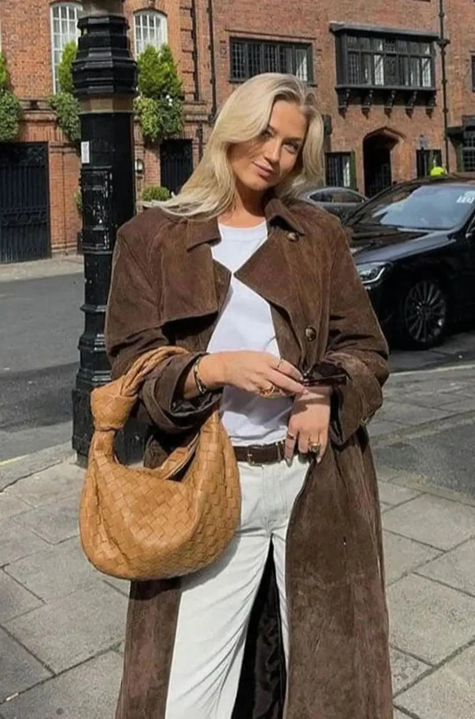 Brown Suede Maxi Trench Coat – Belted Notch-Lapel Long Coat