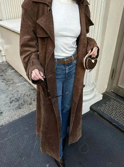 Brown Suede Maxi Trench Coat – Belted Notch-Lapel Long Coat