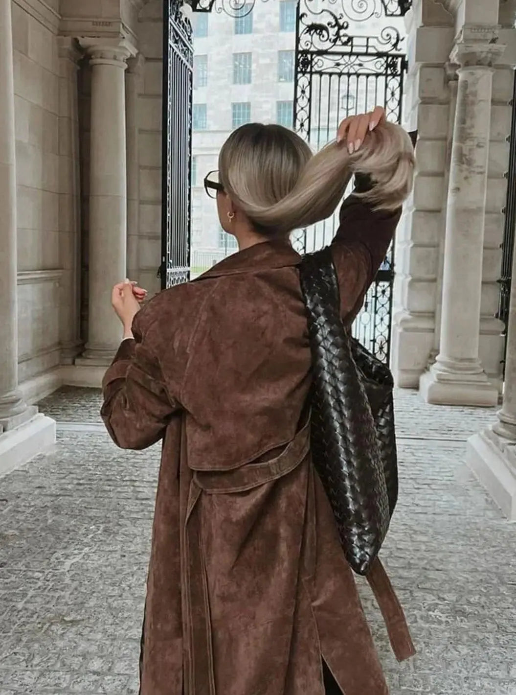 Brown Suede Maxi Trench Coat – Belted Notch-Lapel Long Coat