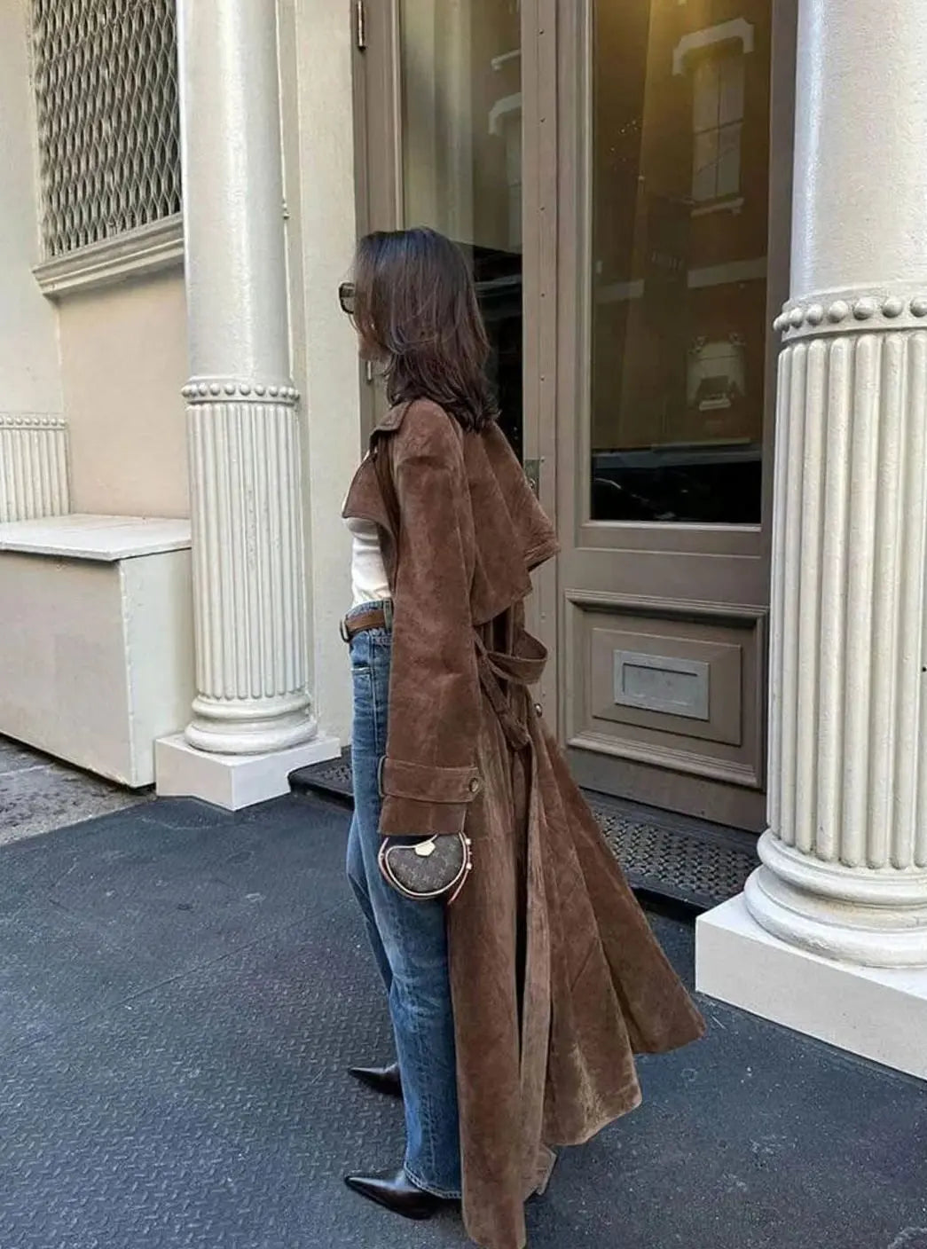 Brown Suede Maxi Trench Coat – Belted Notch-Lapel Long Coat