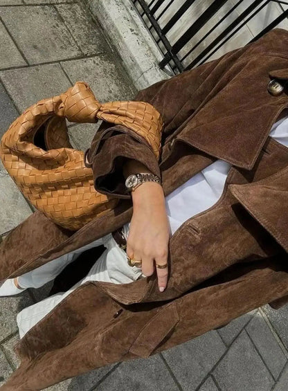 Brown Suede Maxi Trench Coat – Belted Notch-Lapel Long Coat