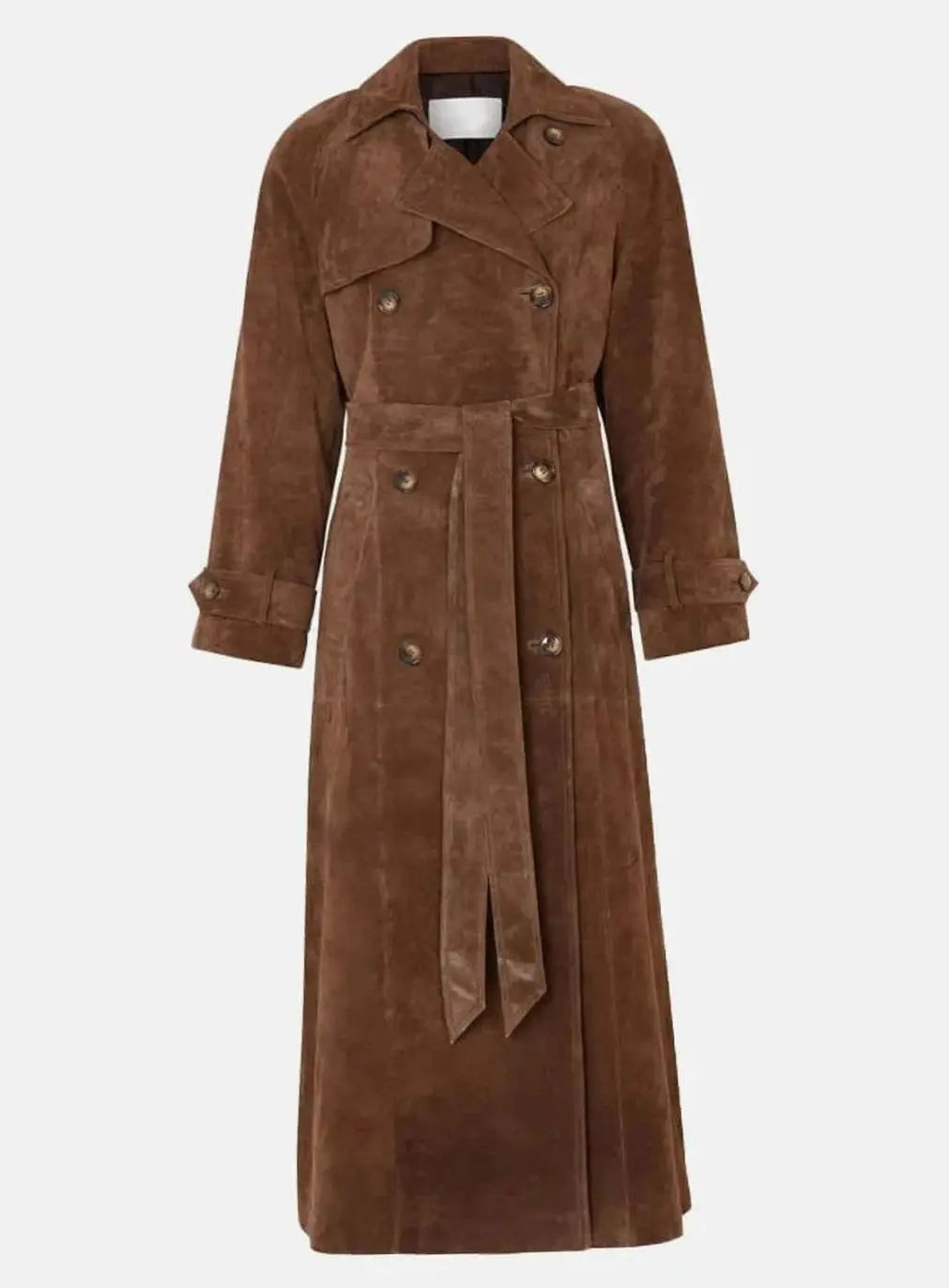 Brown Suede Maxi Trench Coat – Belted Notch-Lapel Long Coat