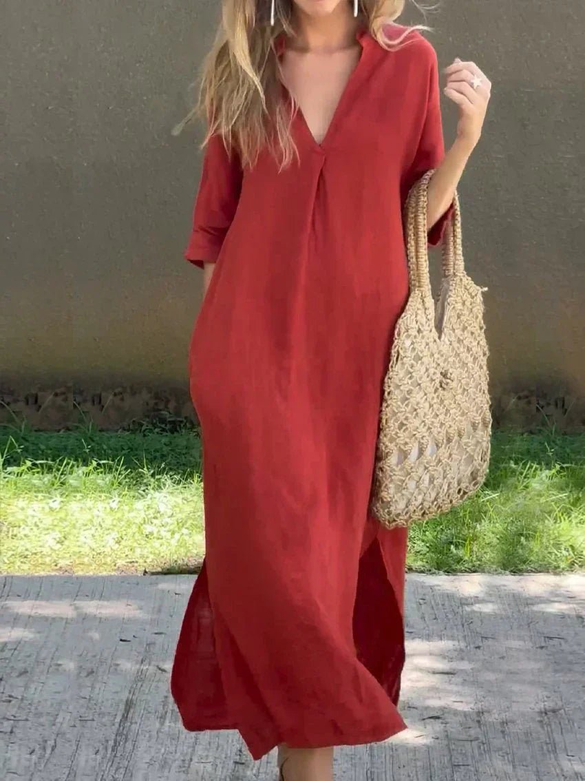 Linen Maxi Dress – V-Neck 3/4 Sleeve Relaxed Fit Summer Dress